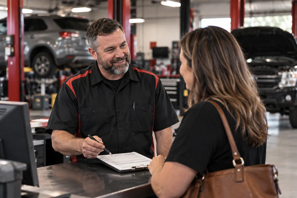 Four Oaks Auto Repair team member speaking with a customer