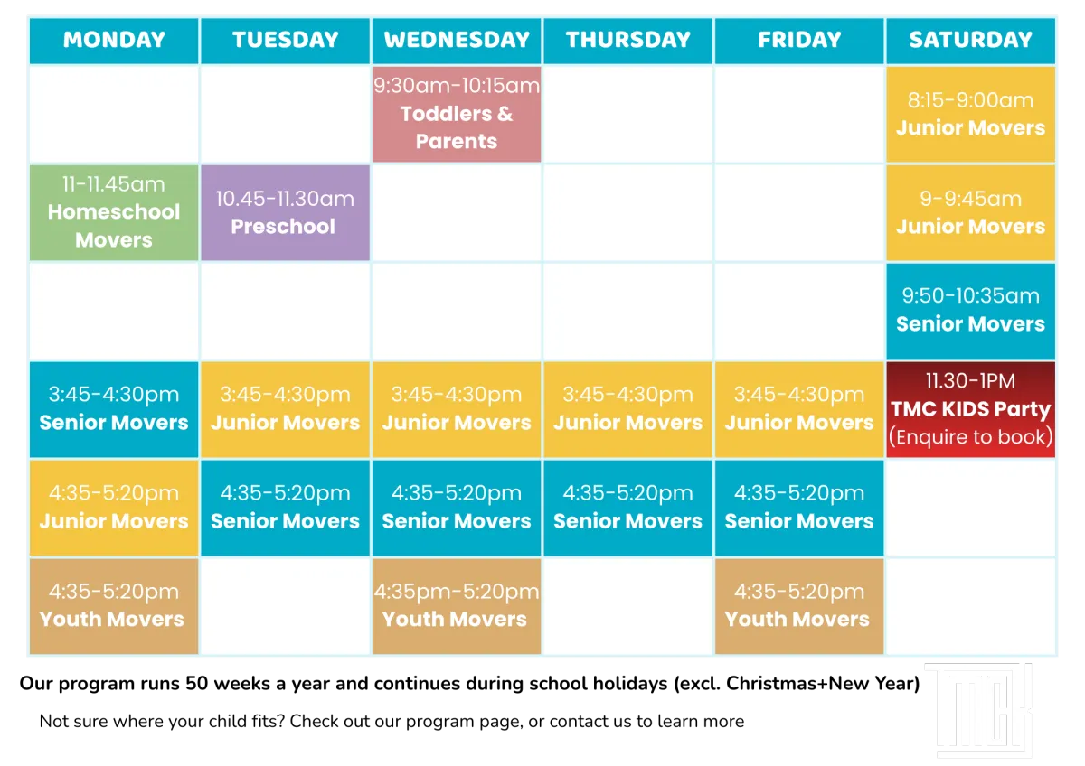 TMC Kids weekly class timetable