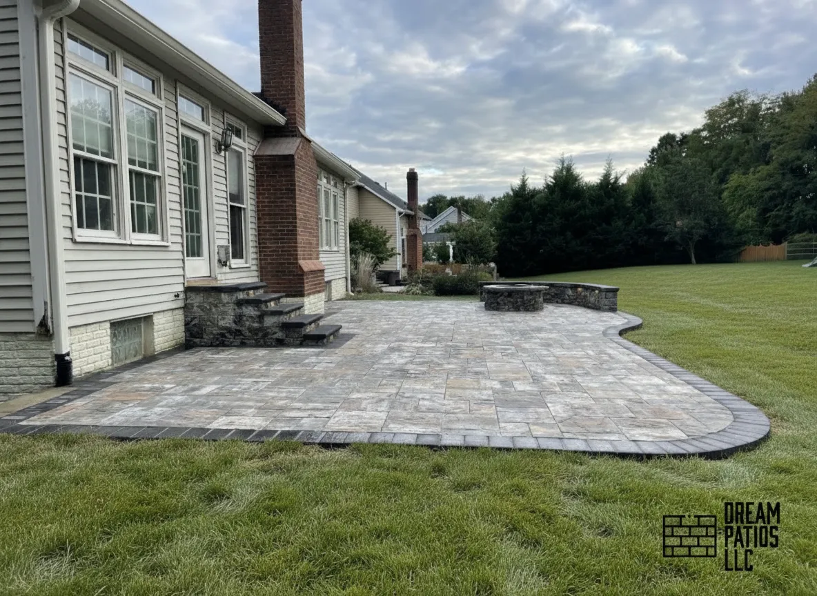 Custom architectural paver patio design with natural stone hardscaping