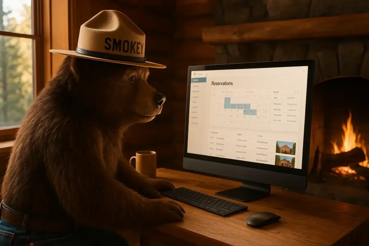 Smokey Bear, wearing his classic ranger hat and jeans, sits at a wooden desk inside a cozy log cabin, focused on a computer displaying a property reservation dashboard. The screen shows a calendar view of bookings and property listings with thumbnails. Morning sunlight filters through a window beside him, while a stone fireplace adds warmth and ambiance to the rustic setting.
