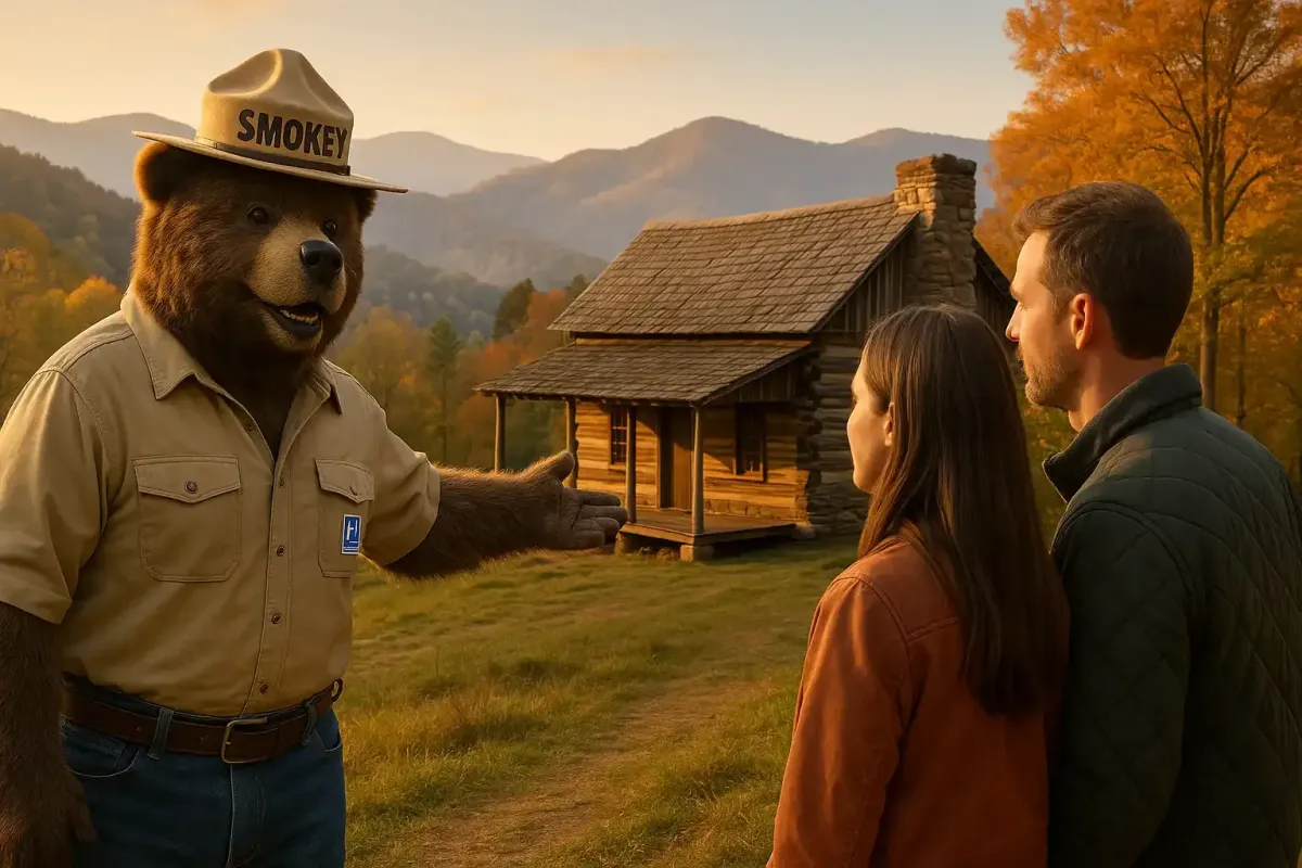 A hyperrealistic scene of Smokey Bear acting as a real estate agent in the Smoky Mountains during golden hour. Smokey, wearing his iconic ranger hat and tan uniform shirt, gestures warmly toward a rustic log cabin with a wooden porch and stone chimney. In front of him stands a casually dressed couple—man in a green quilted jacket and woman in a rust-colored coat—attentively listening. The setting sun casts a golden glow over the landscape, highlighting the autumn foliage and distant rolling mountains in the background.