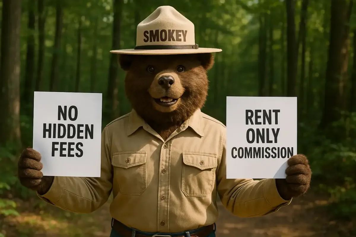 Smokey Bear stands in a dense, sunlit forest, facing the camera with a cheerful smile. He wears his classic ranger uniform—tan shirt, blue jeans, and a wide-brimmed hat labeled "SMOKEY." In each paw, he holds a white document: the one in his left hand reads "NO HIDDEN FEES" in bold black letters, and the one in his right hand reads "RENT ONLY COMMISSION." The morning light filters through the tall trees, casting a natural glow on the scene.