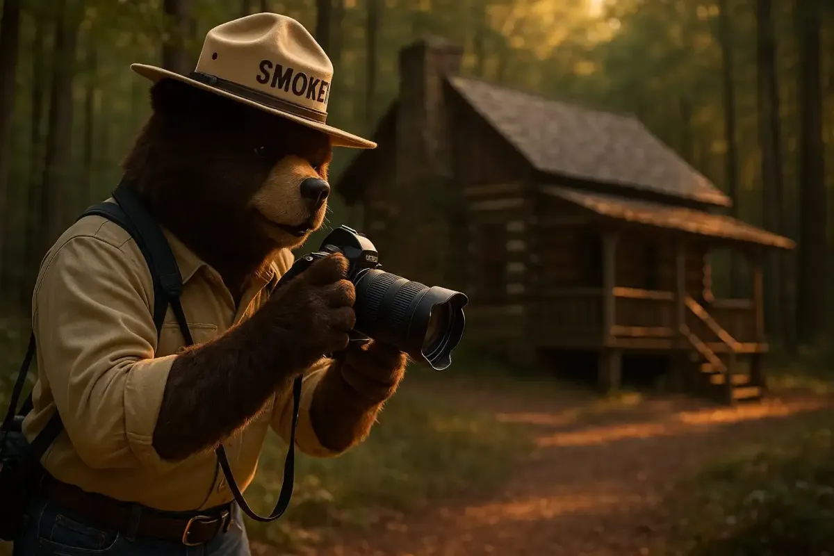 In a softly lit forest during golden hour, Smokey Bear stands focused with a professional DSLR camera aimed at a rustic log cabin. Wearing his classic ranger outfit—tan shirt, jeans, and wide-brimmed hat labeled "SMOKEY"—he appears concentrated on photographing the cabin as if staging it for a real estate listing. The cabin is bathed in warm sunlight, with a dirt path leading up to its porch and trees surrounding the scene in a tranquil woodland setting.