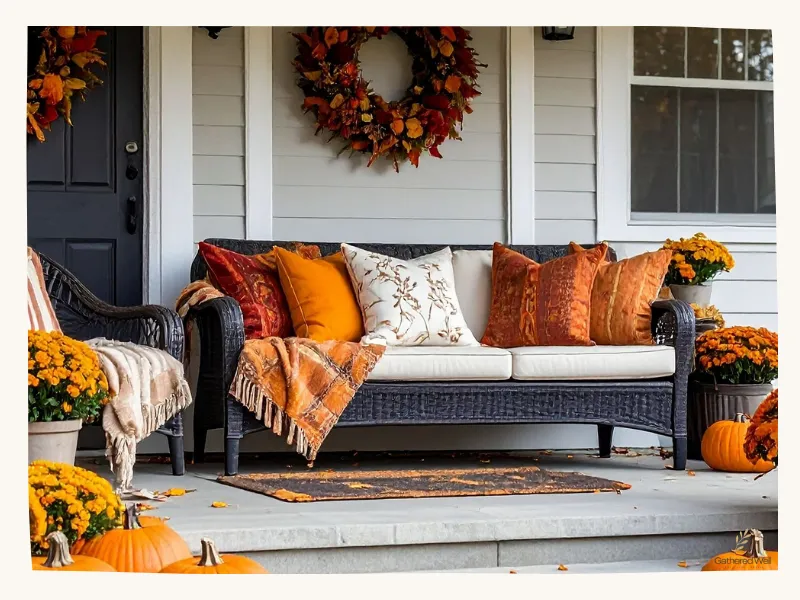 Cozy fall front porch with bench and pillows and blankets.