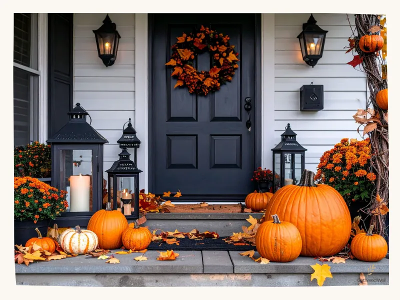 Fall front porch with lanterns, pumpkins, and flowers