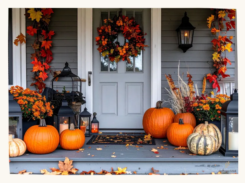 Fall inspired Front Porch with wreath, lanterns, foliage, mums , and pumpkins.