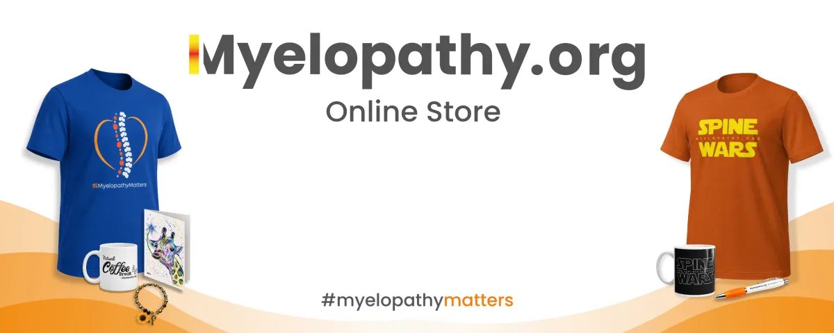 Myelopathy.org Store Header Image showing available products including Spine Wars merc