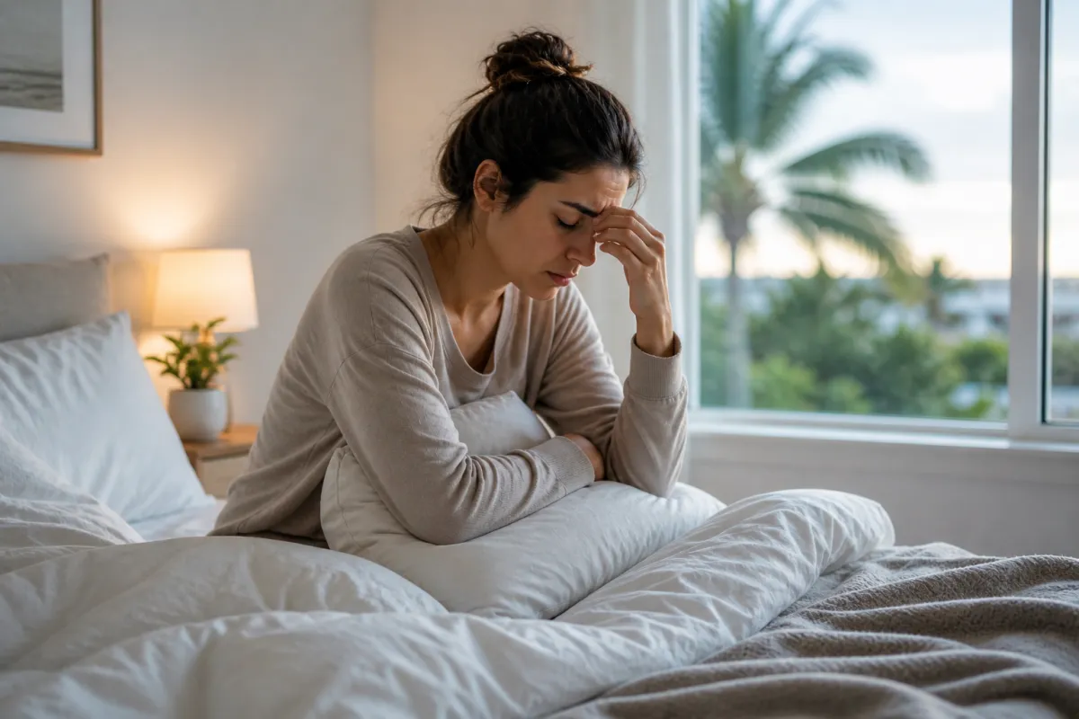 Woman sitting by window looking tired in soft morning light representing stress and adrenal signaling imbalance in Lakewood Ranch