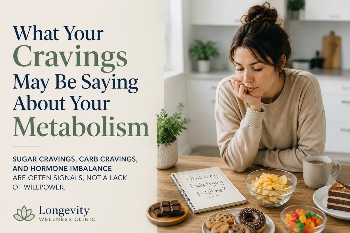 Woman sitting at kitchen table with snack cravings representing metabolism and hormone imbalance in Lakewood Ranch