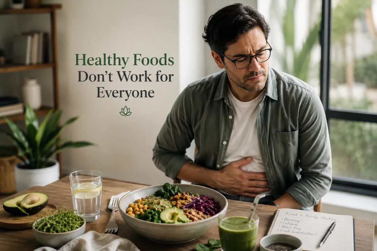 Man experiencing stomach discomfort after eating healthy foods in a modern kitchen representing food sensitivities and digestion issues