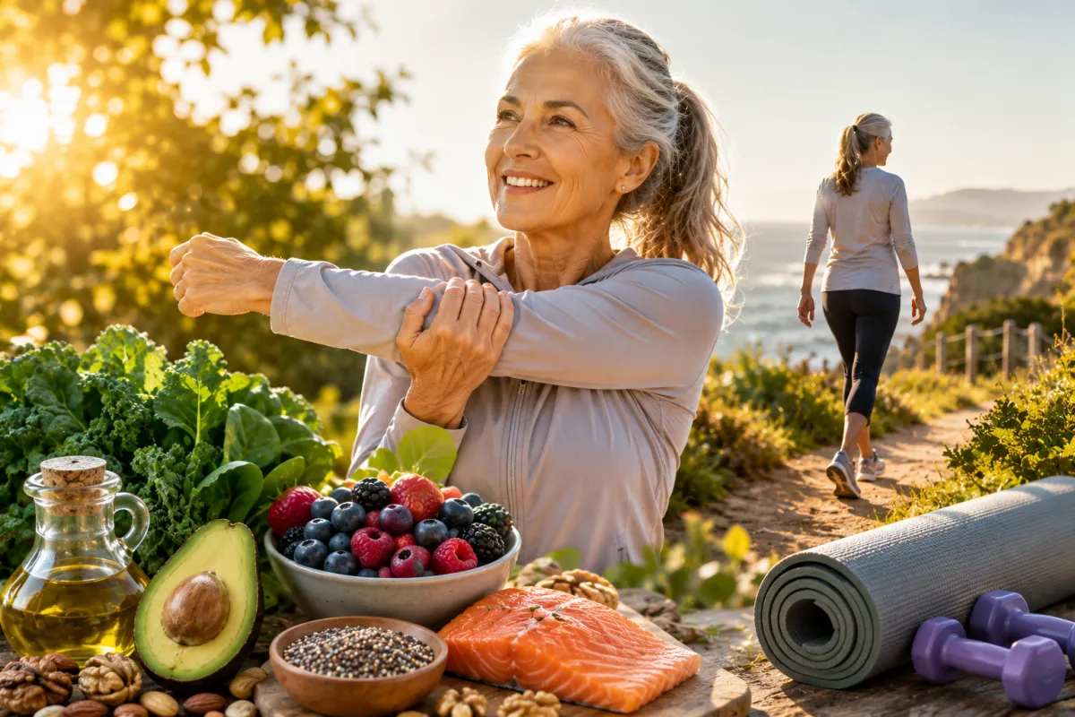 Healthy aging lifestyle with nutritious foods exercise and natural wellness habits supporting longevity and vitality
