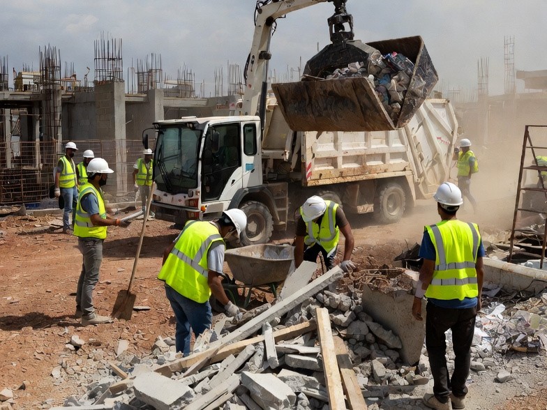 Men in hard hat and safety vest in a consruction site with a tractor that collects waste
