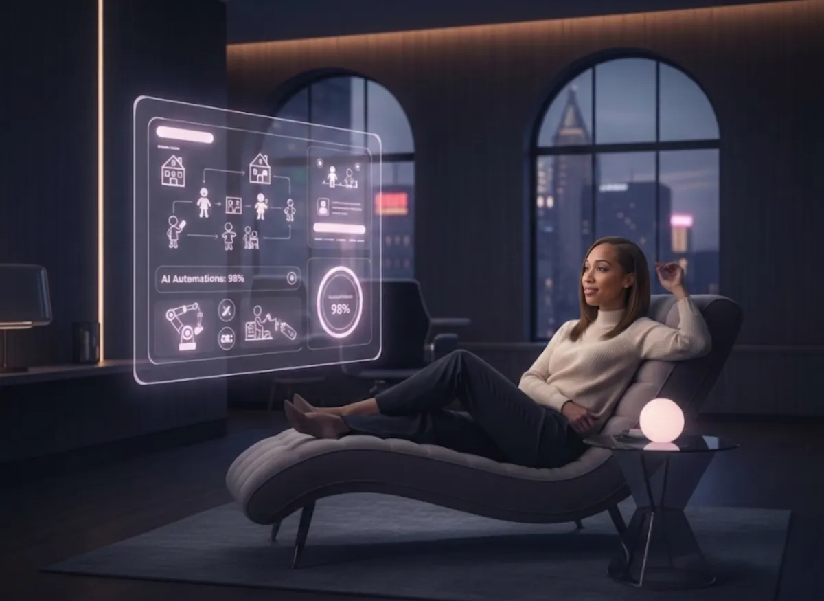 Childcare owner relaxed while AI systems manage operations dashboard