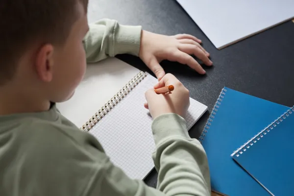 Boy writing in a blue notebook