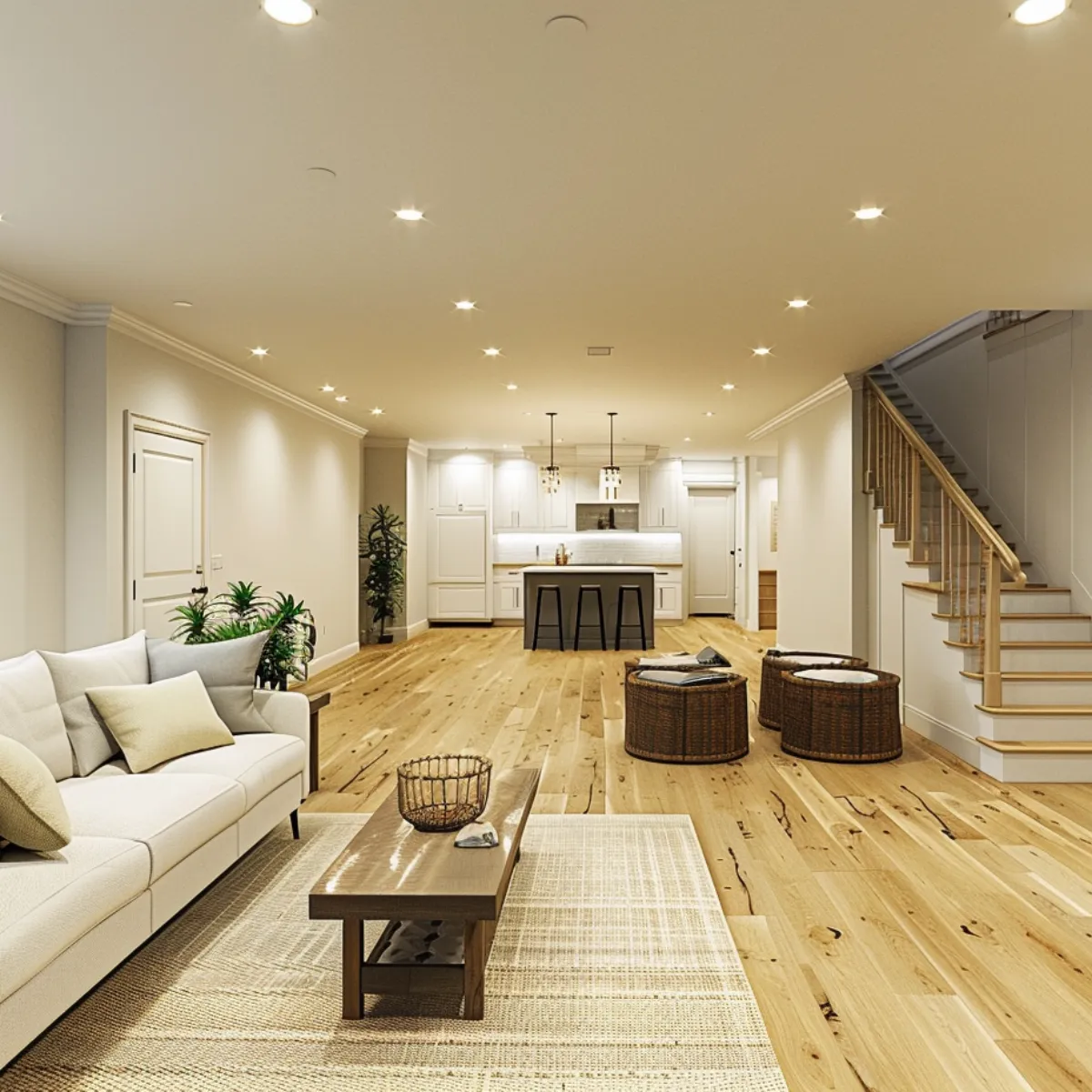 Finished basement remodel in North Carolina featuring modern living space, lighting, and layout designed by a professional remodeling contractor