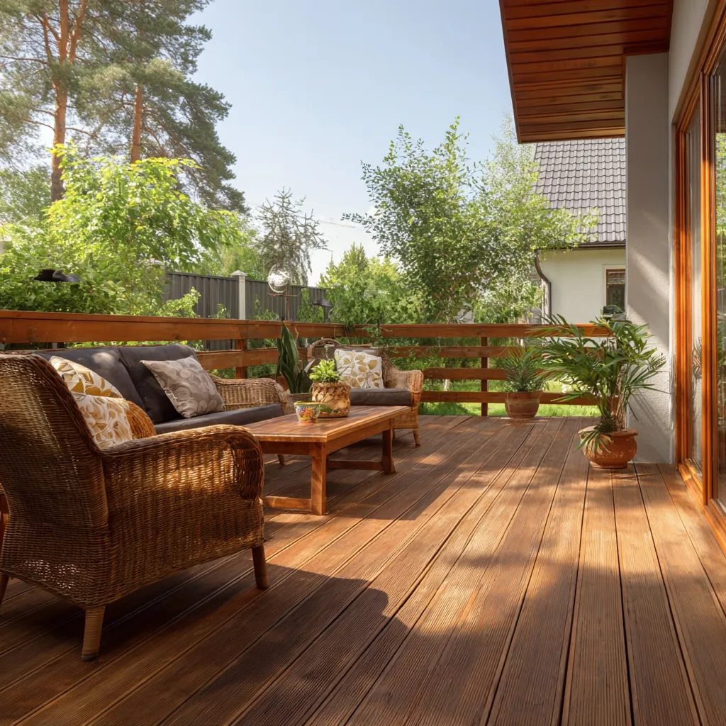 Custom wood deck built by deck builder in Badin Lake NC overlooking backyard outdoor living space