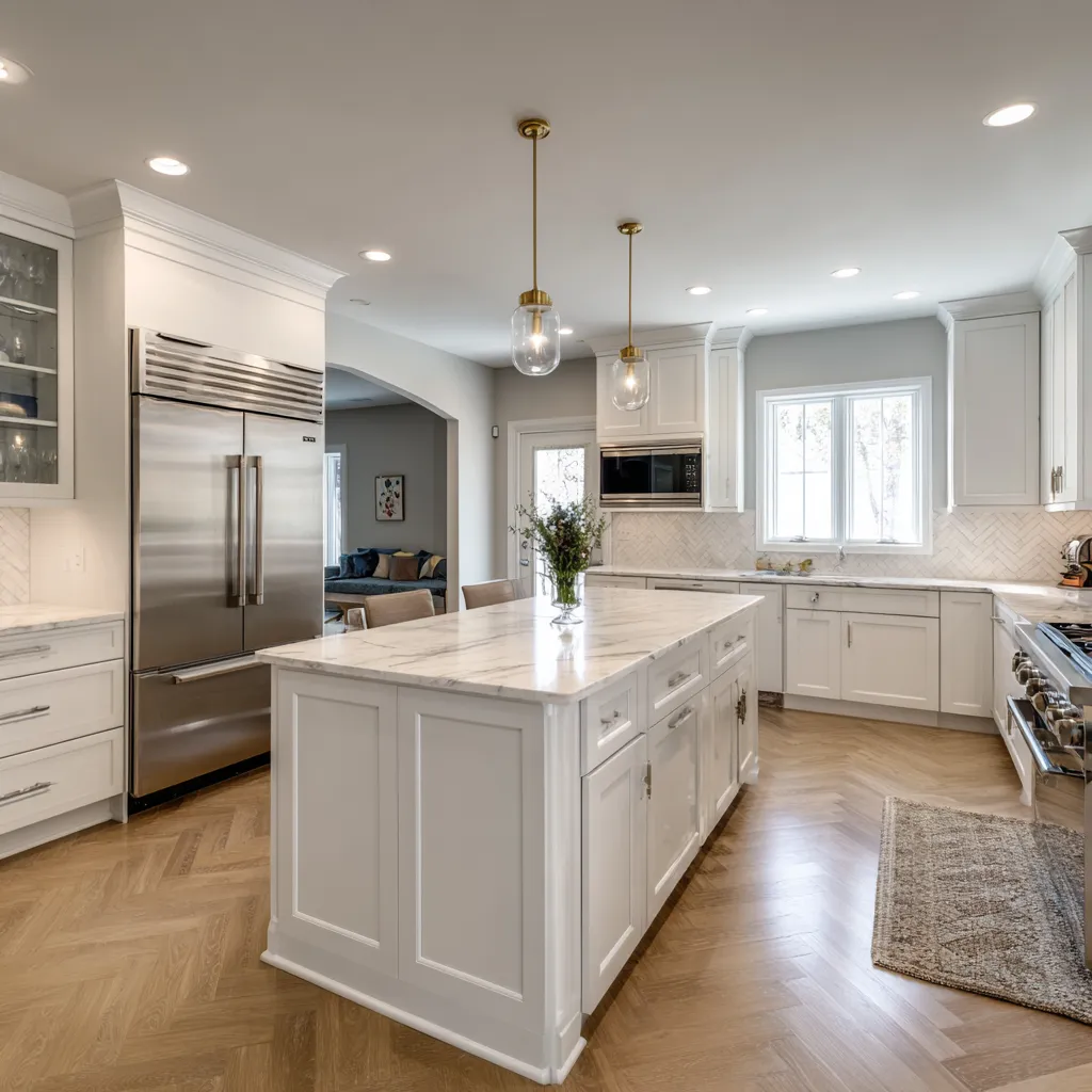 home kitchen renovation with new cabinets lighting and countertops in North Carolina