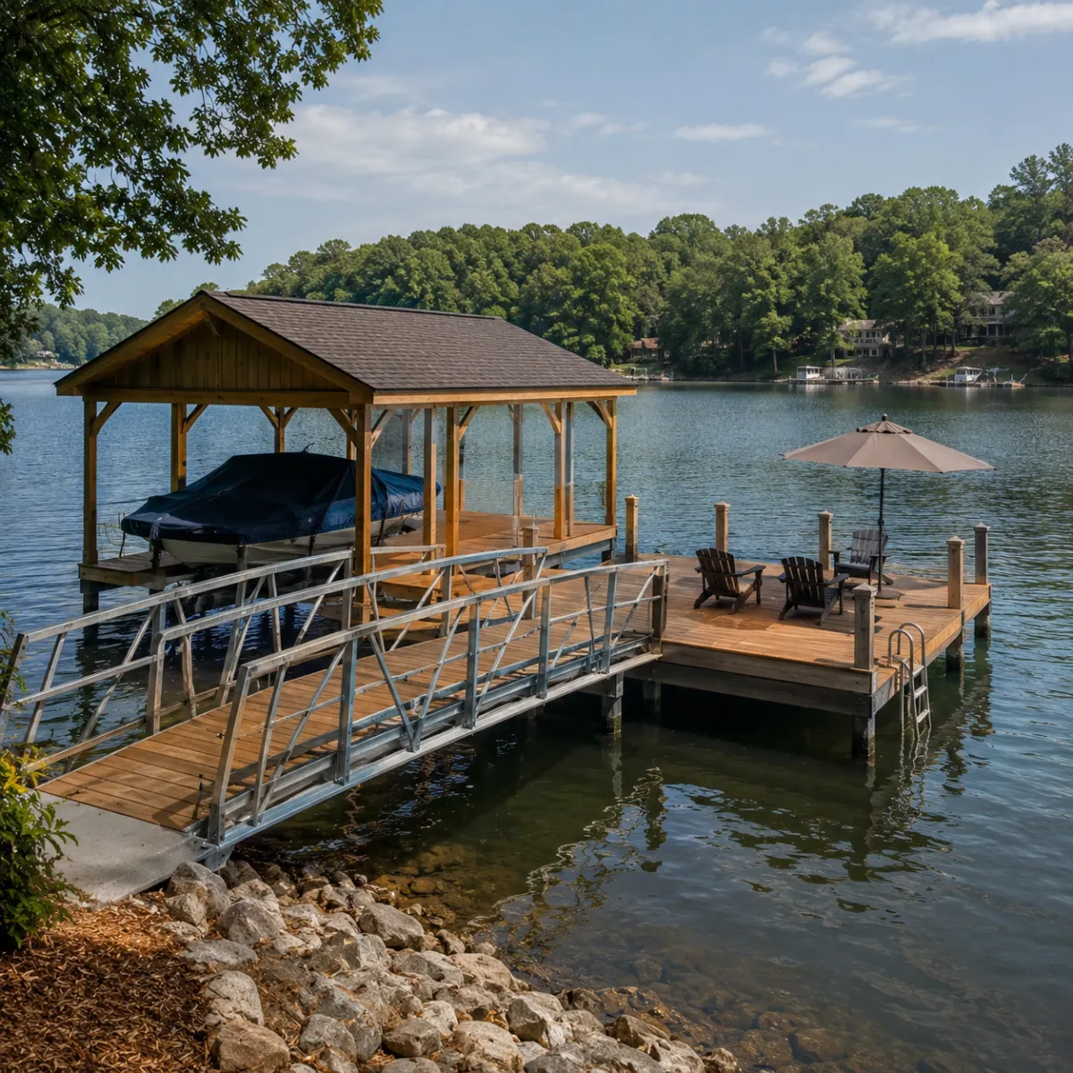 Custom dock and boathouse construction by Badin Lake Builders in North Carolina.