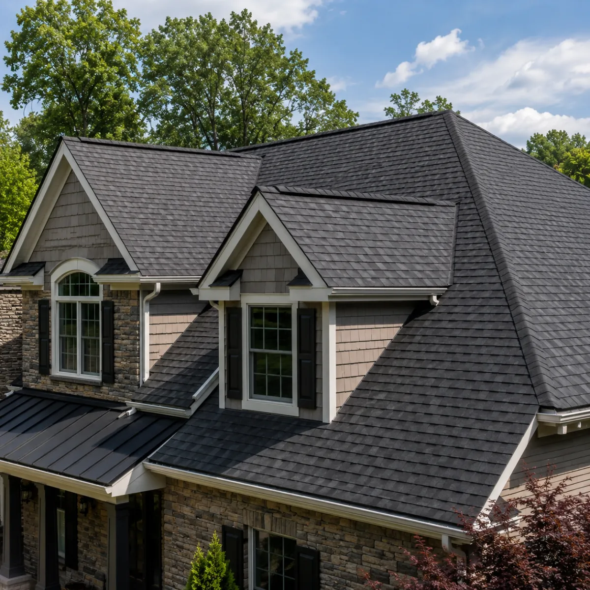 Residential roof replacement with architectural shingles completed by Badin Lake Builders.