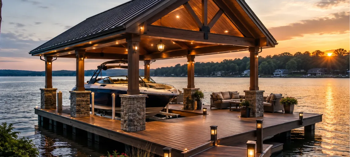 Custom dock installation on Badin Lake, NC featuring premium craftsmanship and waterfront access.