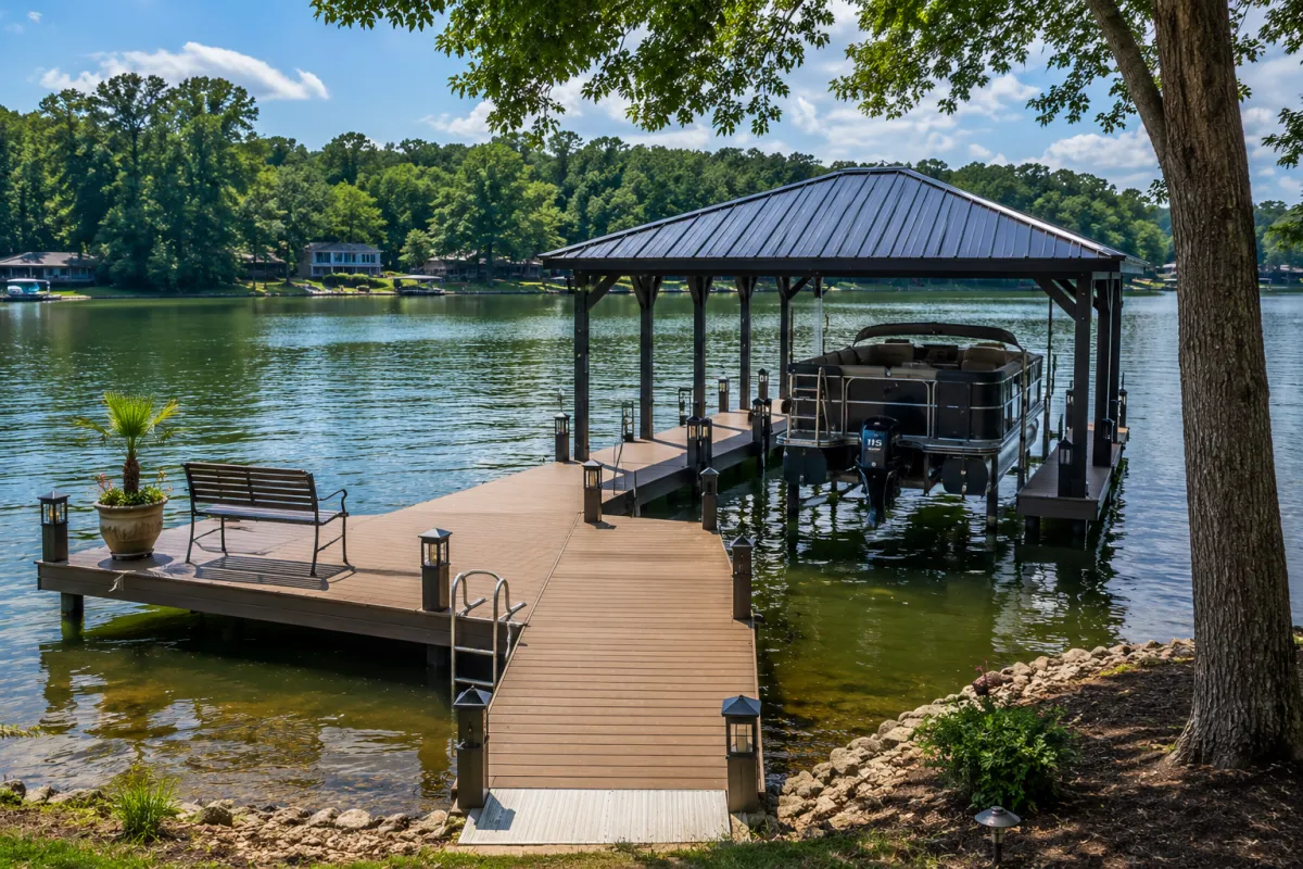 Custom waterfront dock with boat slip on High Rock Lake near New London, NC