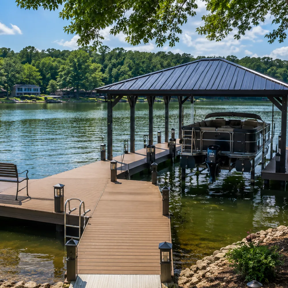 Wooden boat dock extending into High Rock Lake at a waterfront home in North Carolina