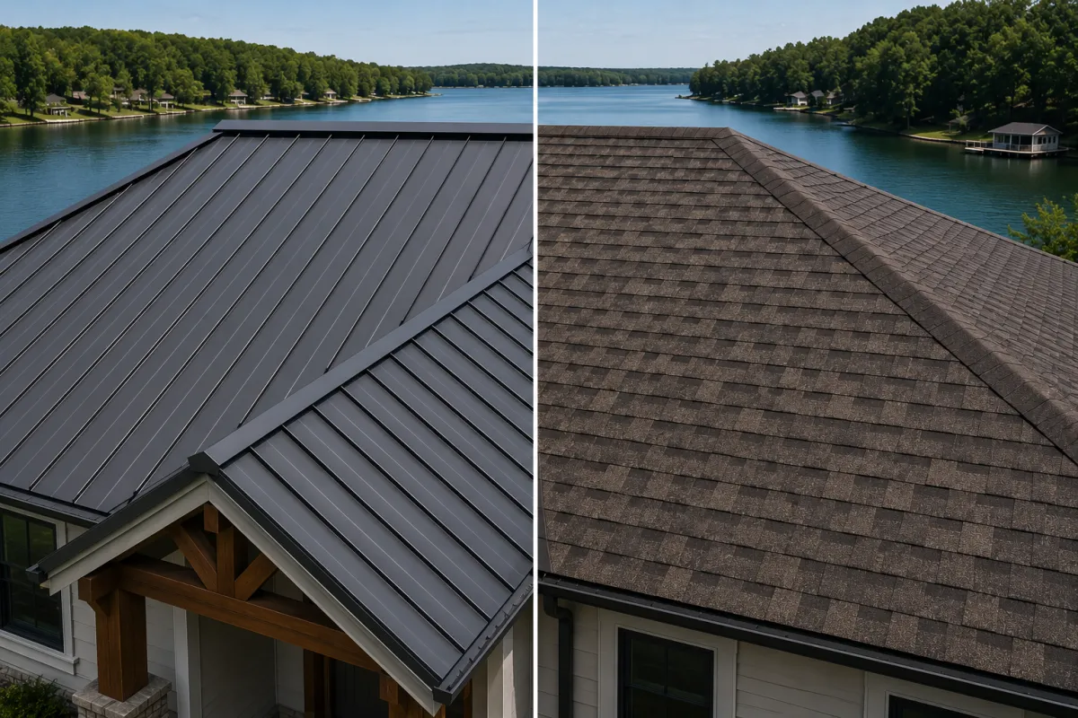 Side-by-side comparison of a standing seam metal roof and architectural asphalt shingle roof on a lakeside home near High Rock Lake, North Carolina.