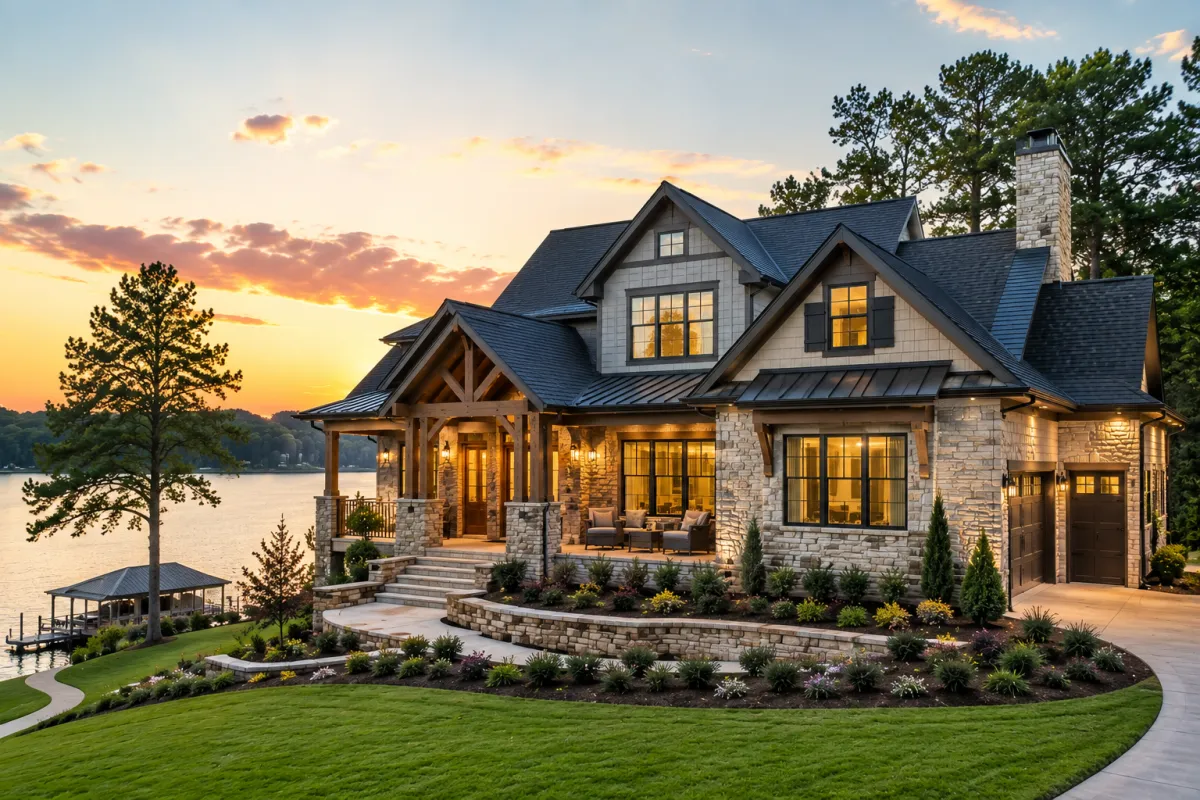 Luxury custom waterfront home built by Badin Lake Builders overlooking High Rock Lake, North Carolina with modern architecture, covered porch, and scenic lake views.