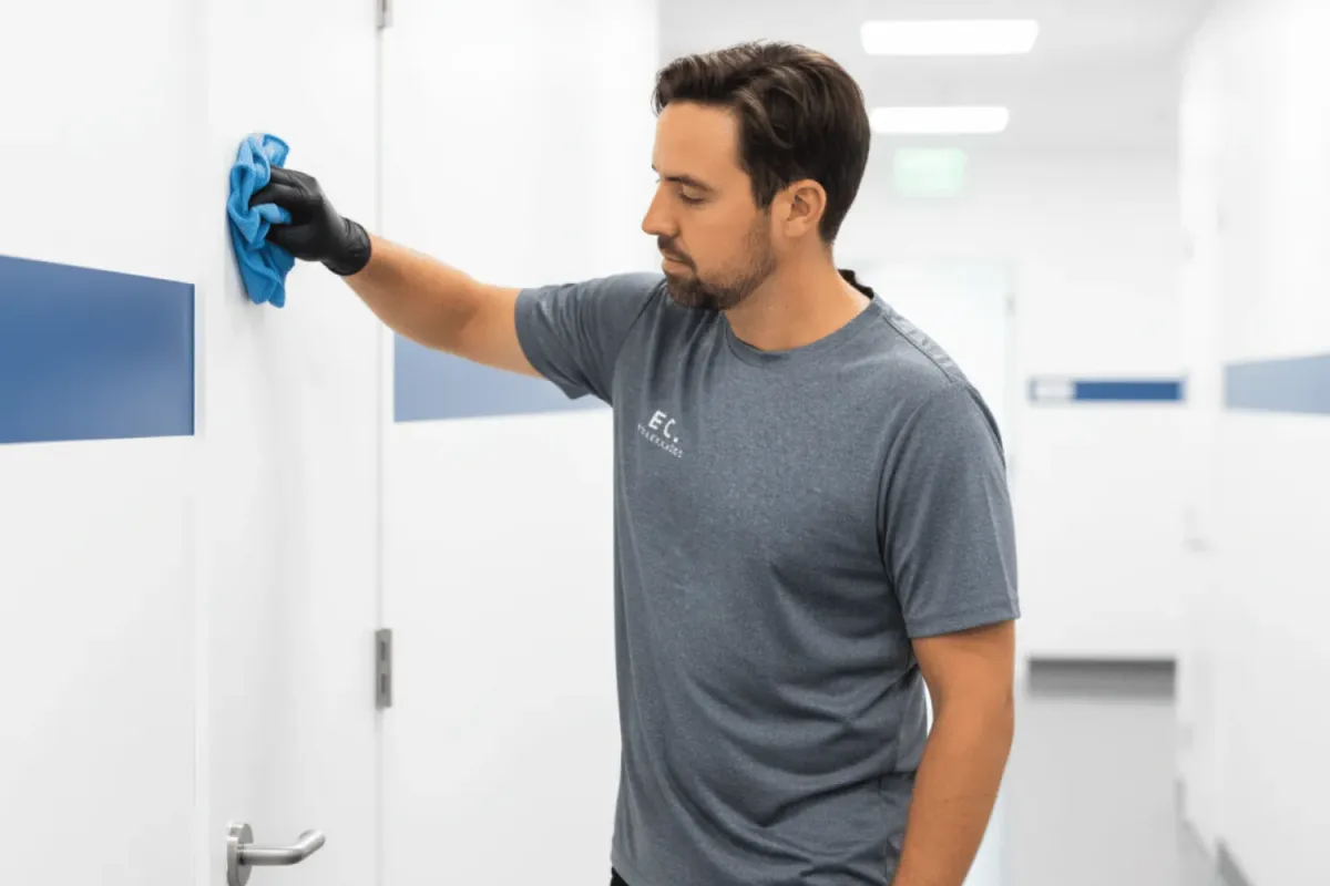 EC Workplaces team member cleaning a Gold Coast medical centre with eco-friendly products.