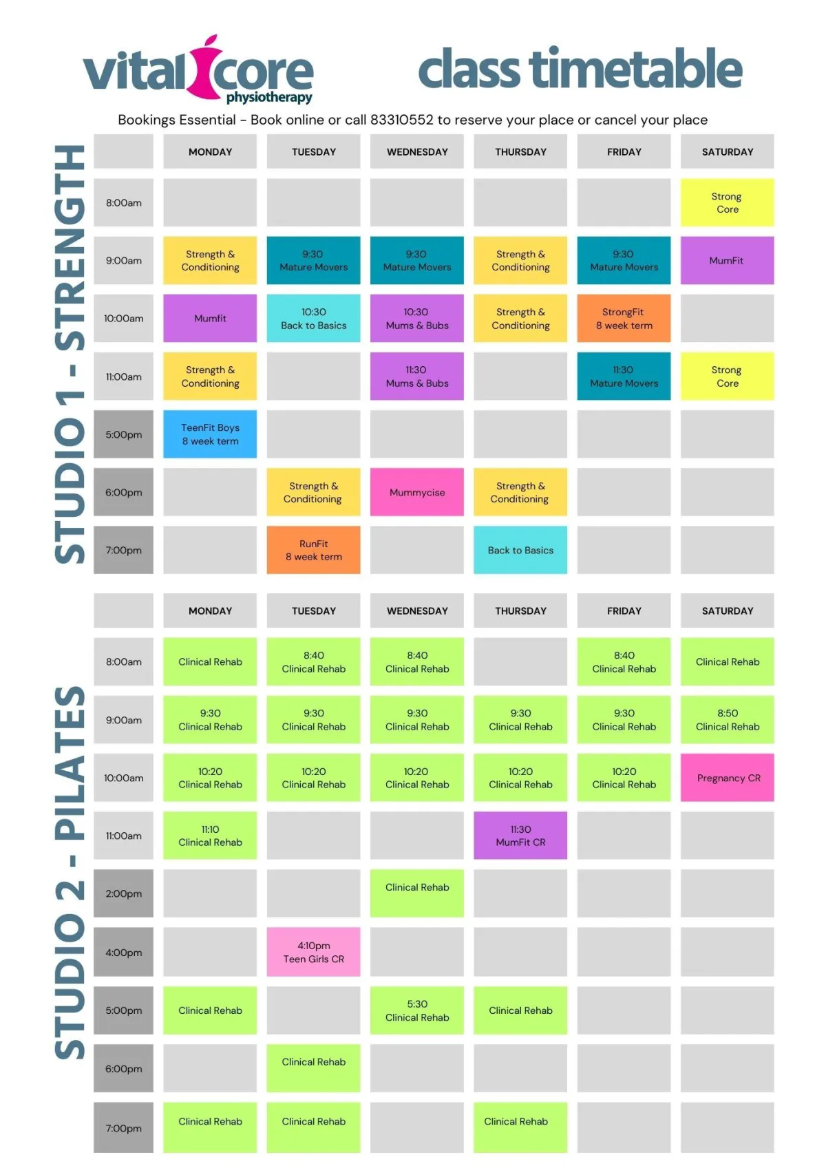 Vital Core exercise class timetable