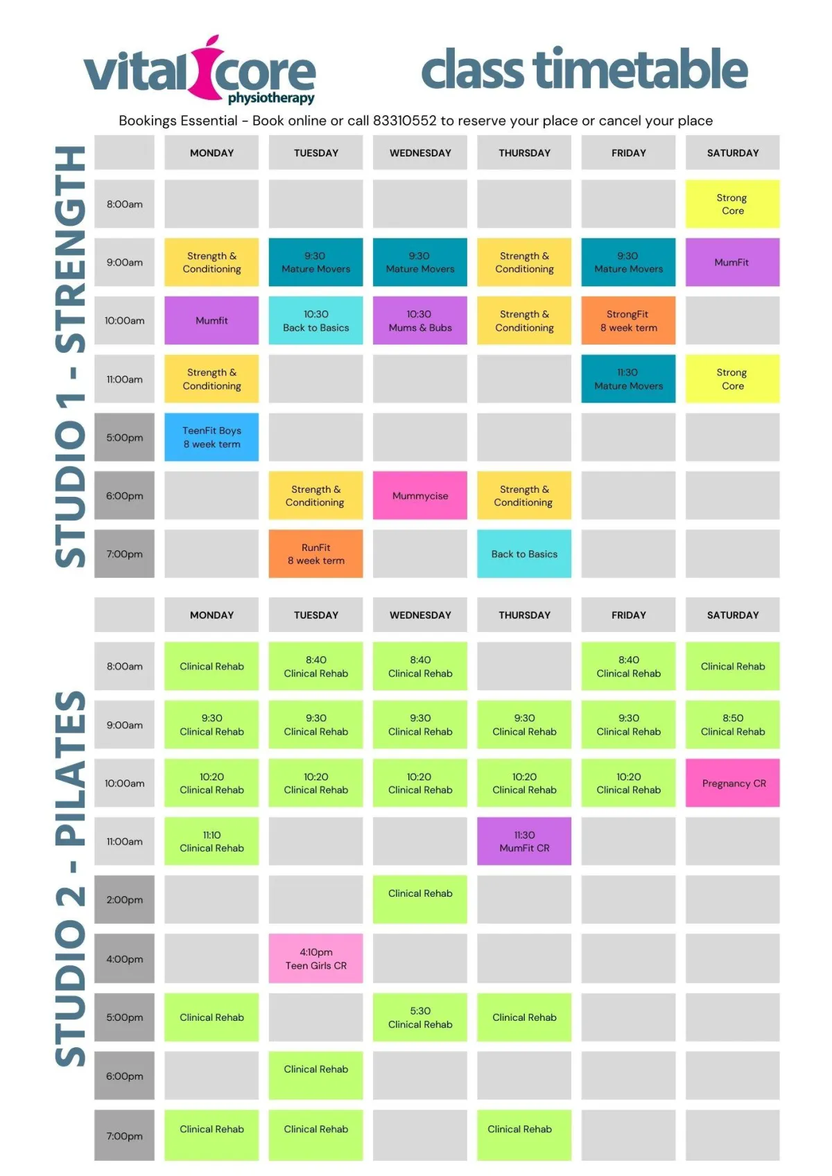 Vital Core exercise class timetable