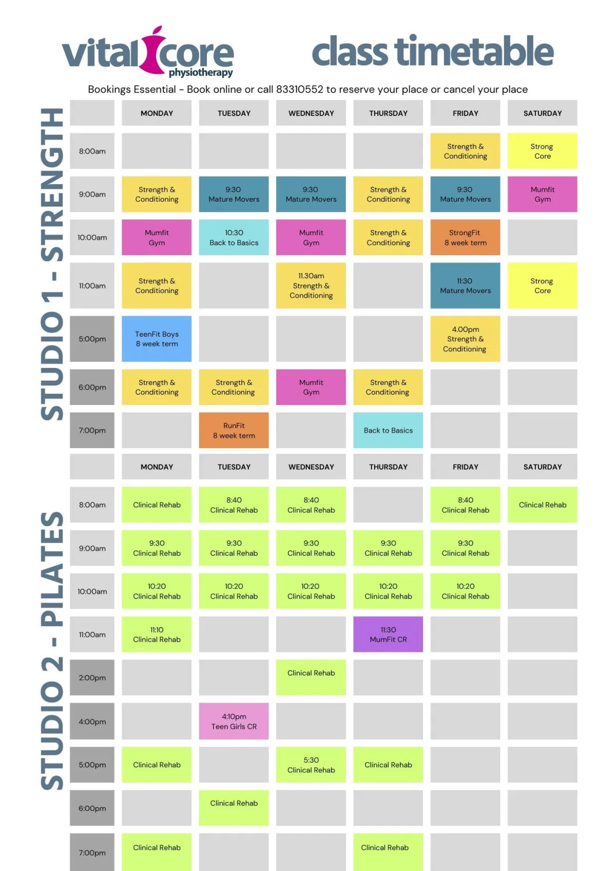 Vital Core exercise class timetable