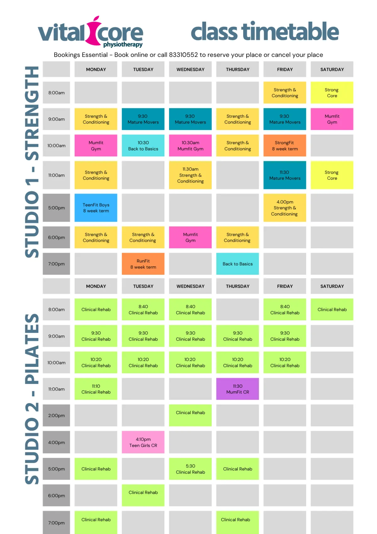 Vital Core exercise class timetable