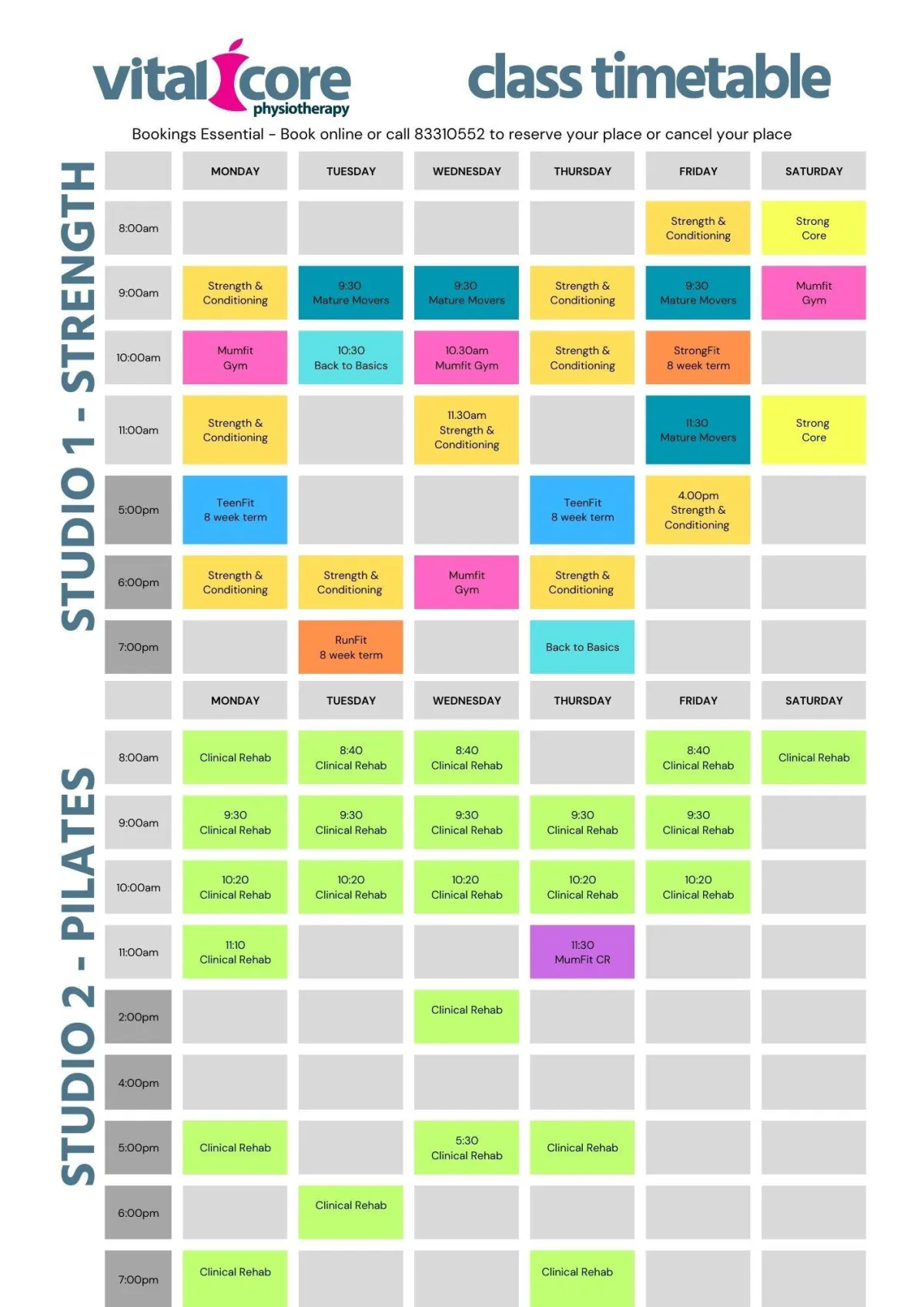 Vital Core exercise class timetable