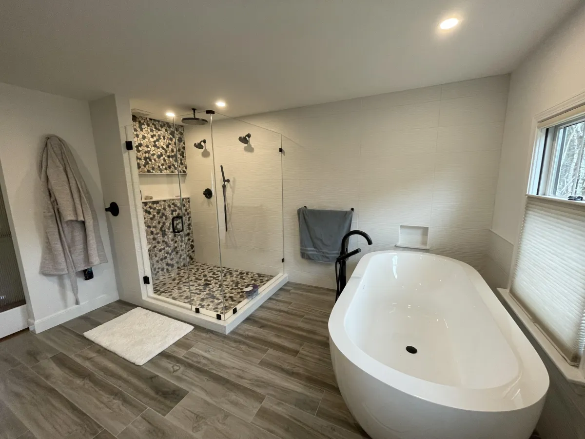 Completed bathroom remodel with custom tile work by Grams Tile in Lunenburg, Massachusetts