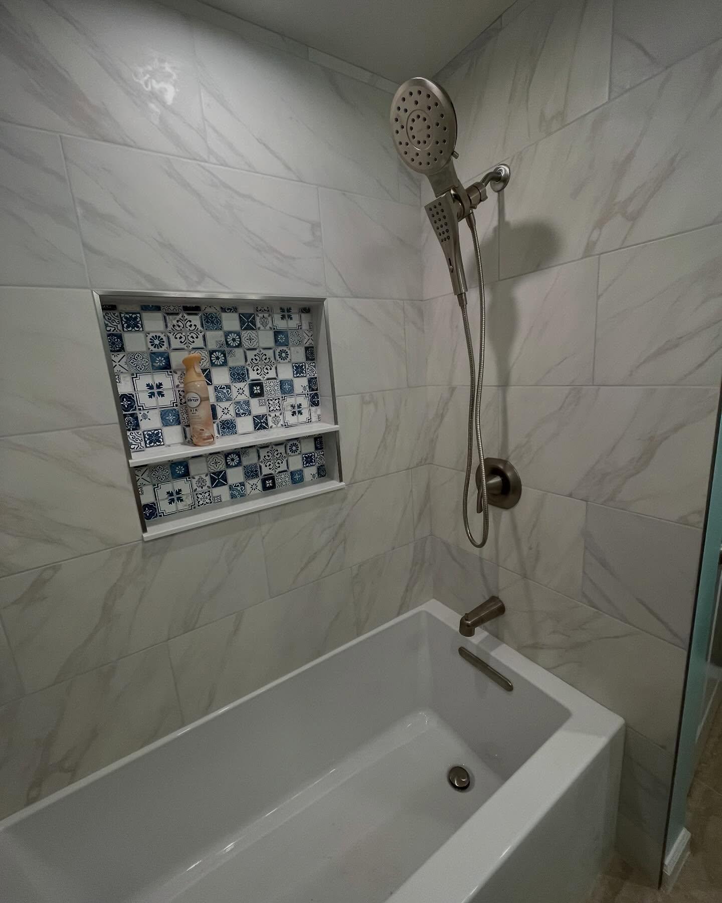 Finished tile shower with modern tile design by Grams Tile, Inc