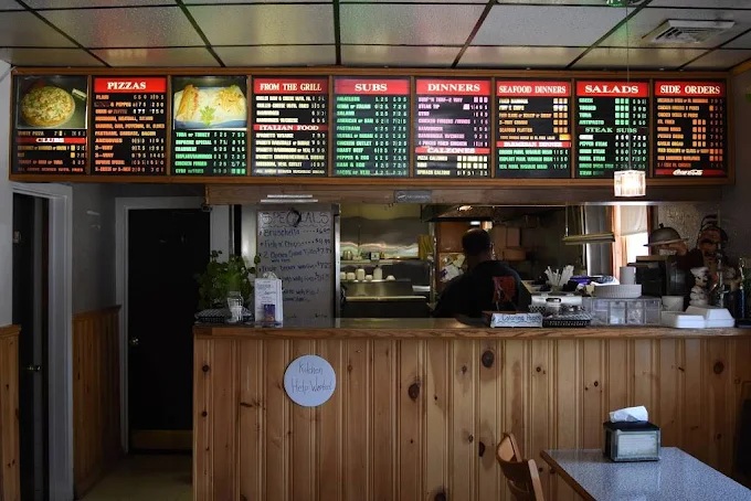 Family-friendly bright pizza shop environment