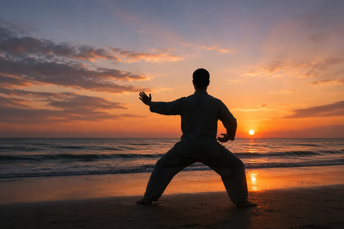 Male practitioner performing Qigong on a beach at dusk, silhouetted against the ocean and sunset sky.