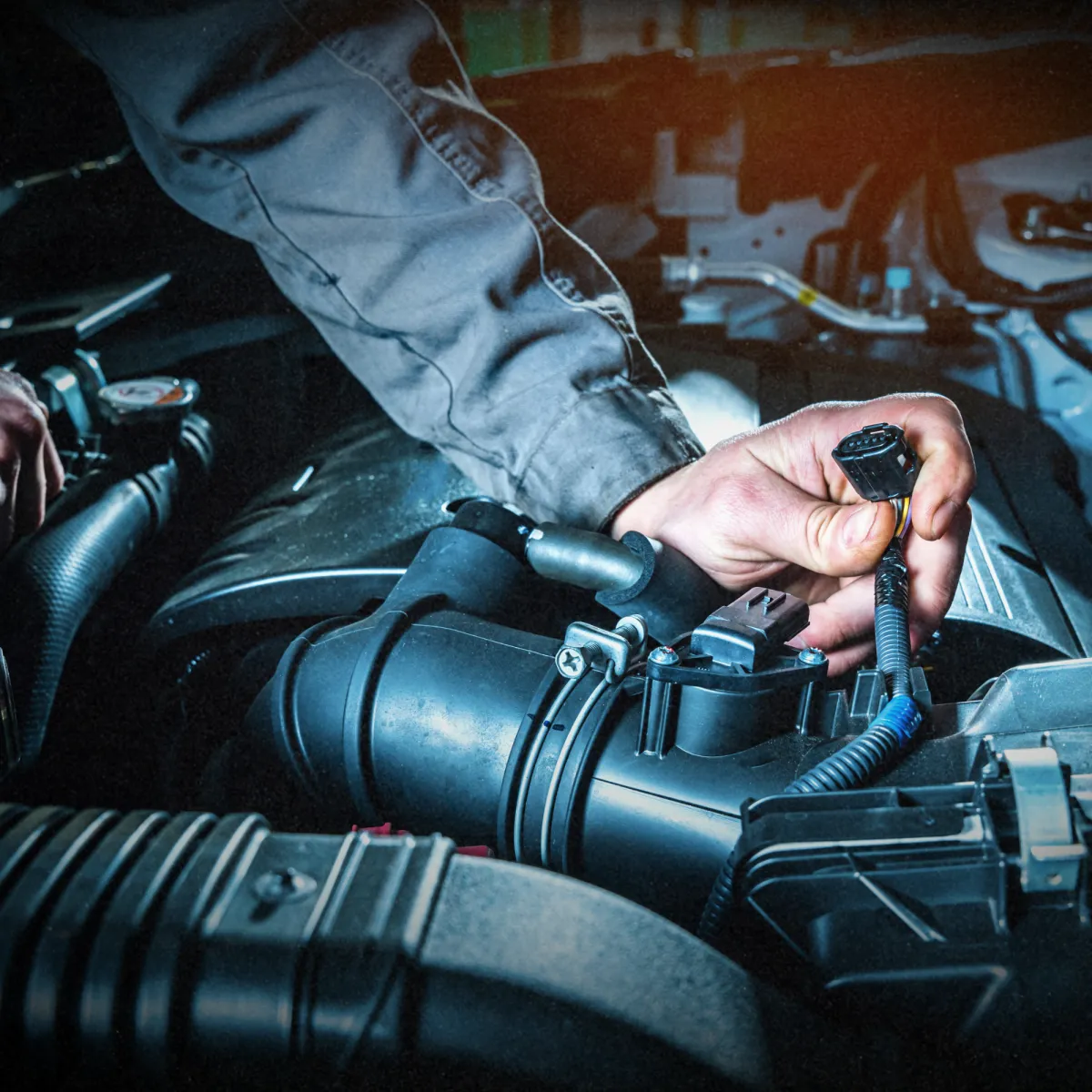 Mechanic inspecting car engine for transmission and drivetrain service