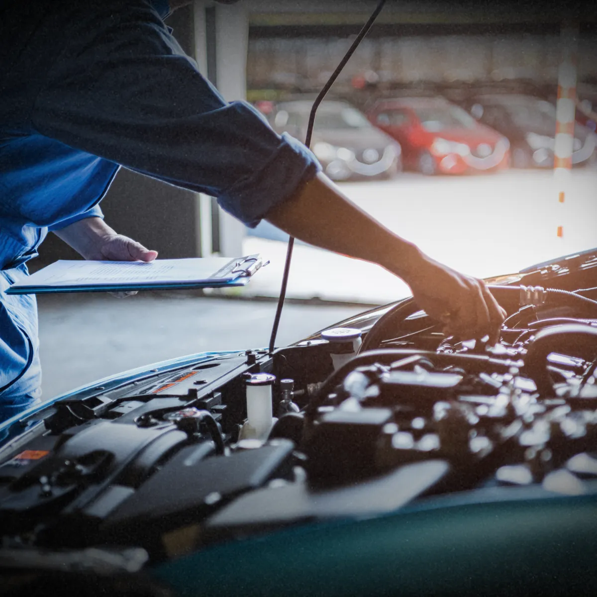 Mechanic inspecting car engine for transmission and drivetrain service