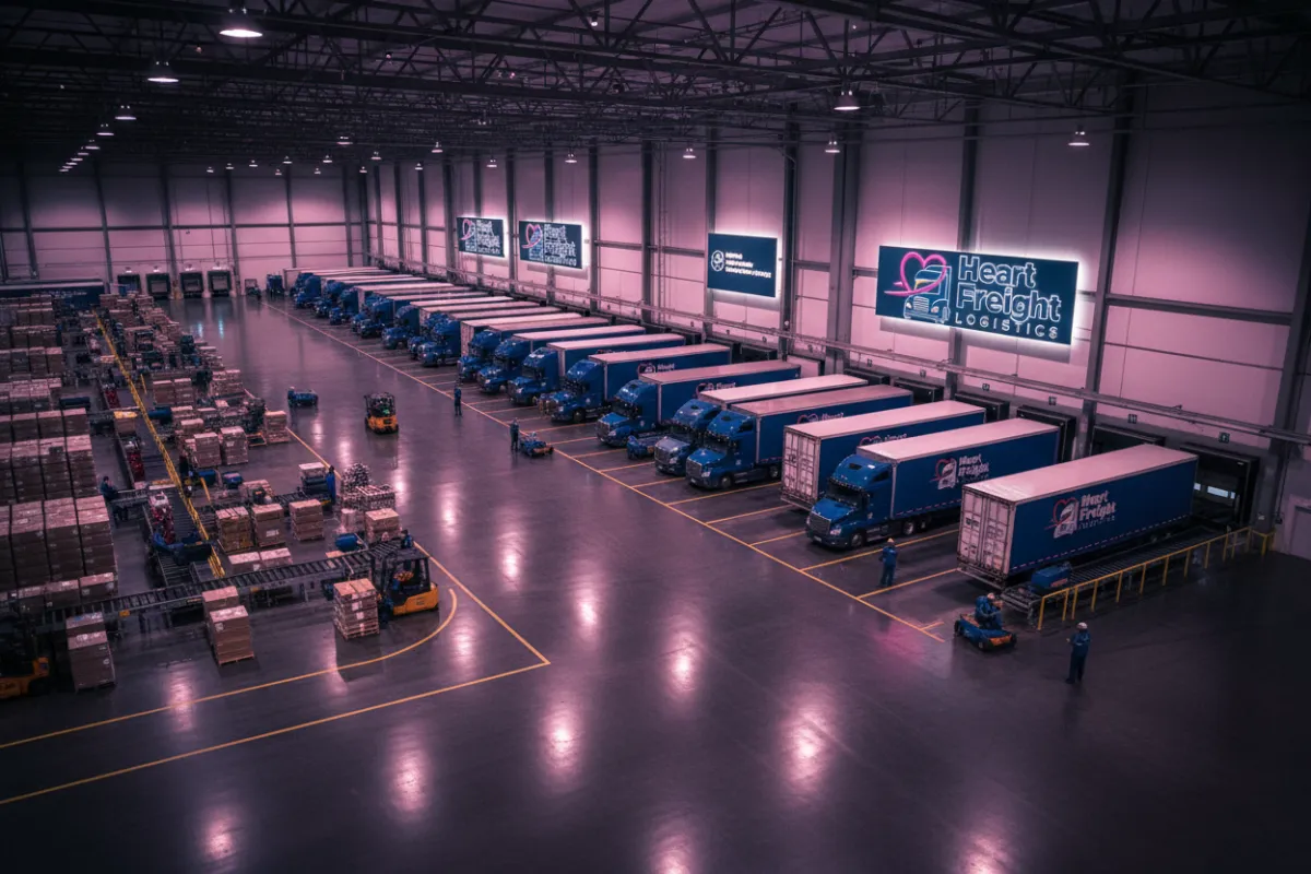 An orange truck driving down a street next to a tall building