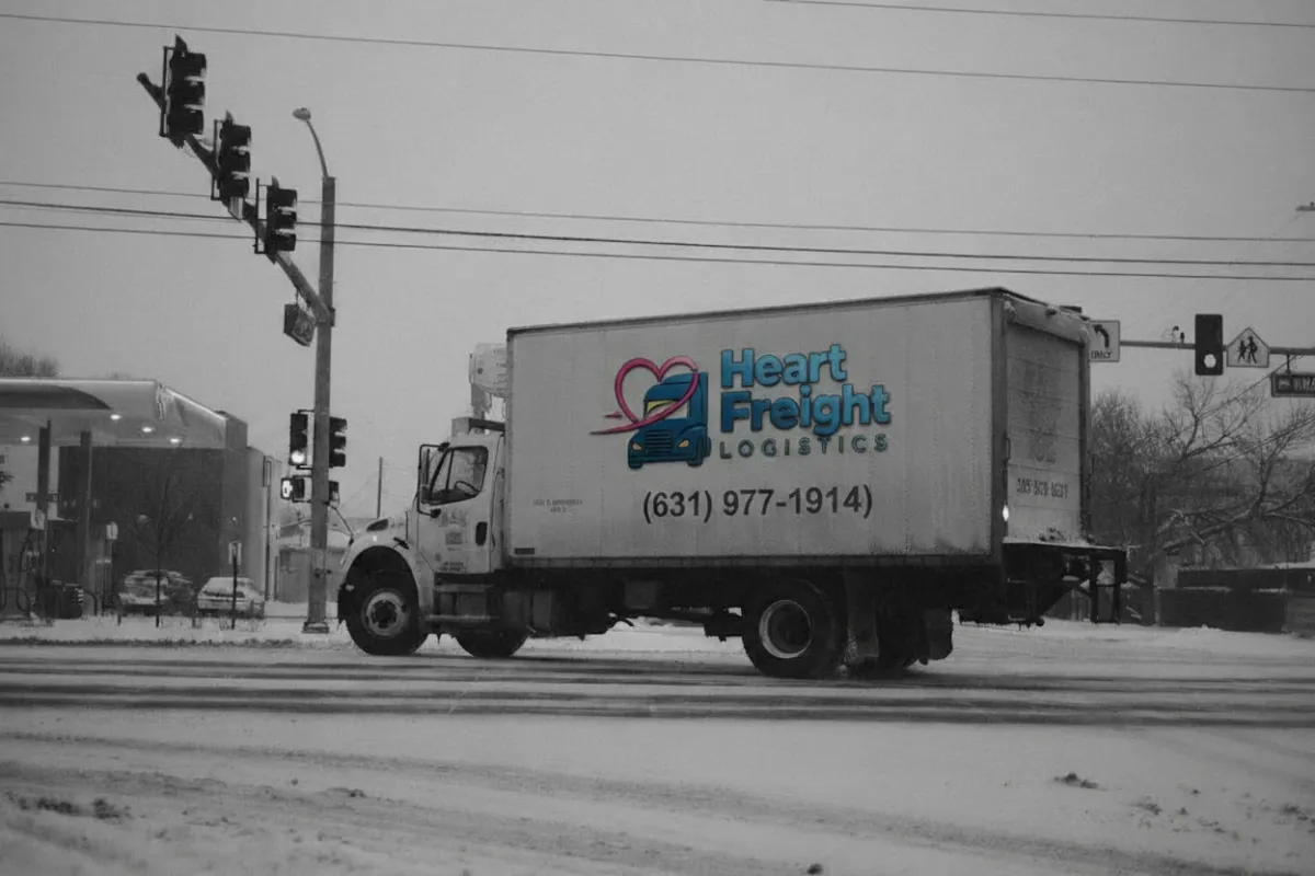 a truck driving down a street next to a traffic light