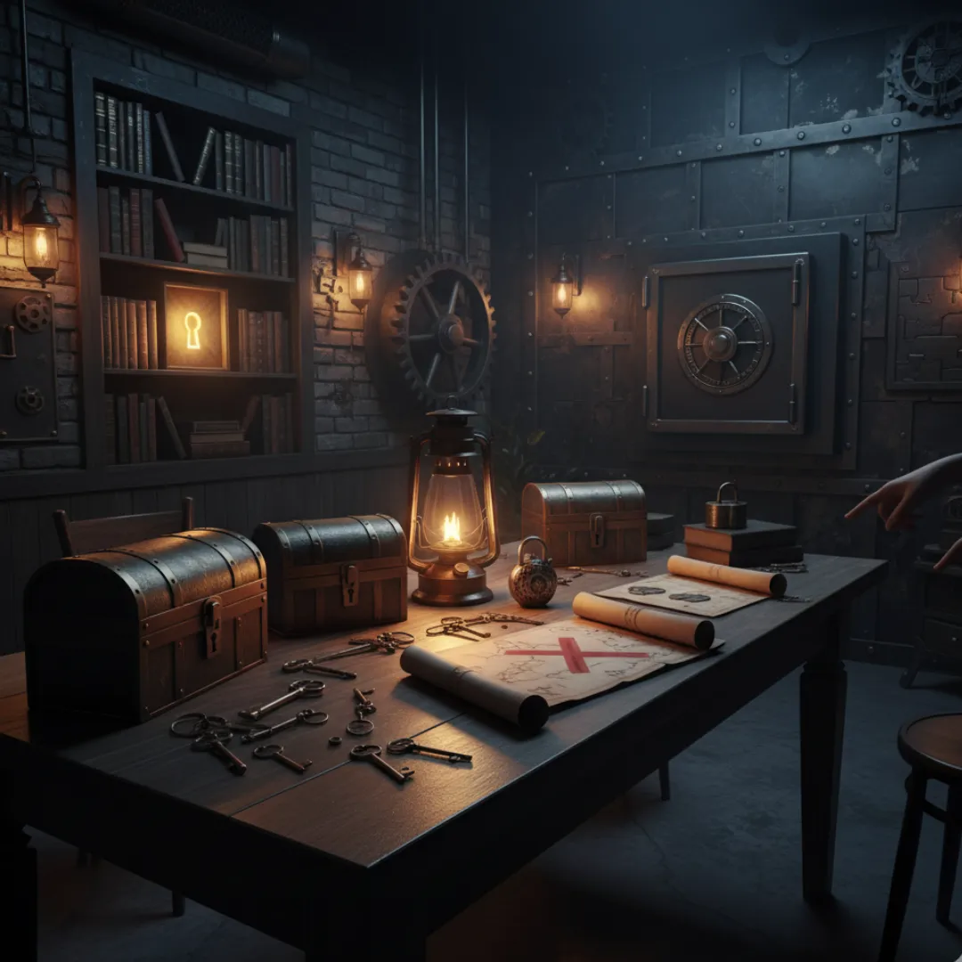 Mobile escape-room setup at a corporate venue with facilitators and a team around props and locks, photorealistic style.