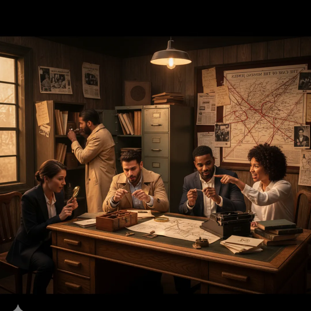 Mobile escape-room setup at a corporate venue with facilitators and a team around props and locks, photorealistic style.