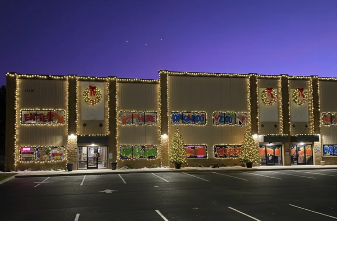 A cheerful building with a large Kangaroo Zoo sign, festive wreaths on the doors, and twinkling lights along the roofline. The entrance is welcoming, with snow-dusted walkways and a family approaching the door, ready for adventure.