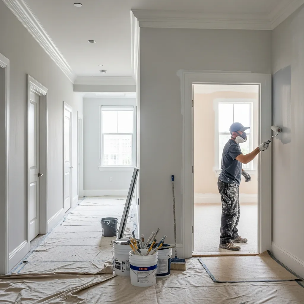 Painter applying finish to exterior shutters on brick home