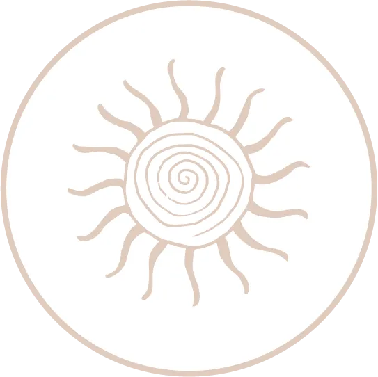Pale pink line drawing of a sun with a spiral swirl in the middle representing clarity and direction