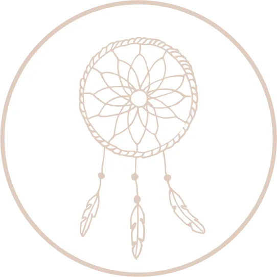 Pale pink line drawing of a dream catcher with feathers hanging representing sustainable growth and tools the live your dreams