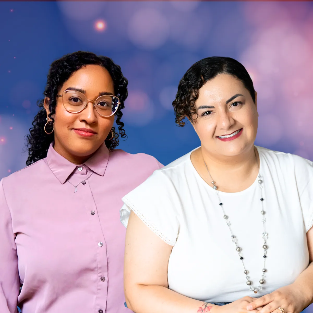 Photo of Miranda Ramnarayan in a pastel pink dress shirt, and Forouz Salari in a white shirt, on a whimsical pink, blue and purple background.