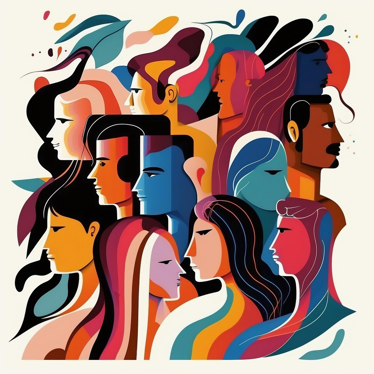 Animated multi-colour image of a diverse group of people looking in different directions